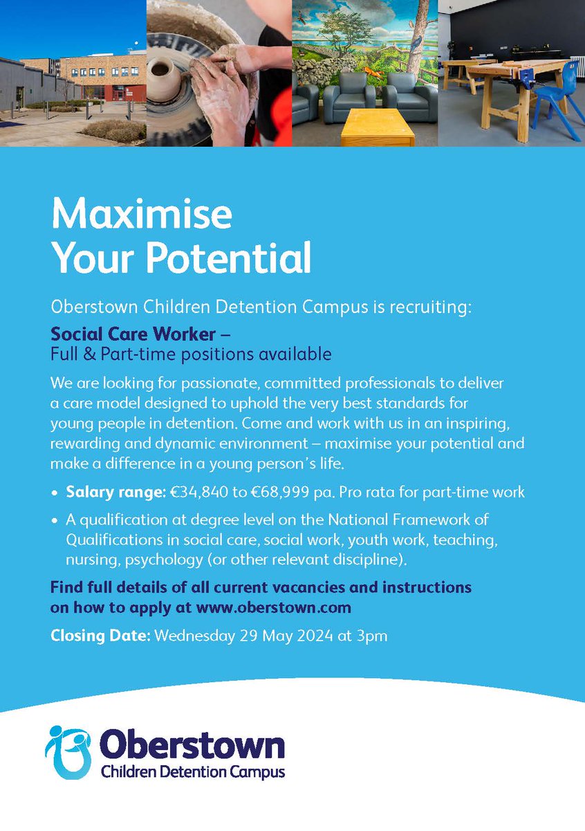 We are hiring Social Care Workers - Full Time and Part Time.
Read more about the role and apply now: bit.ly/Oberstown_Jobs
Closing date Wednesday 29 May 2024. #socialcare