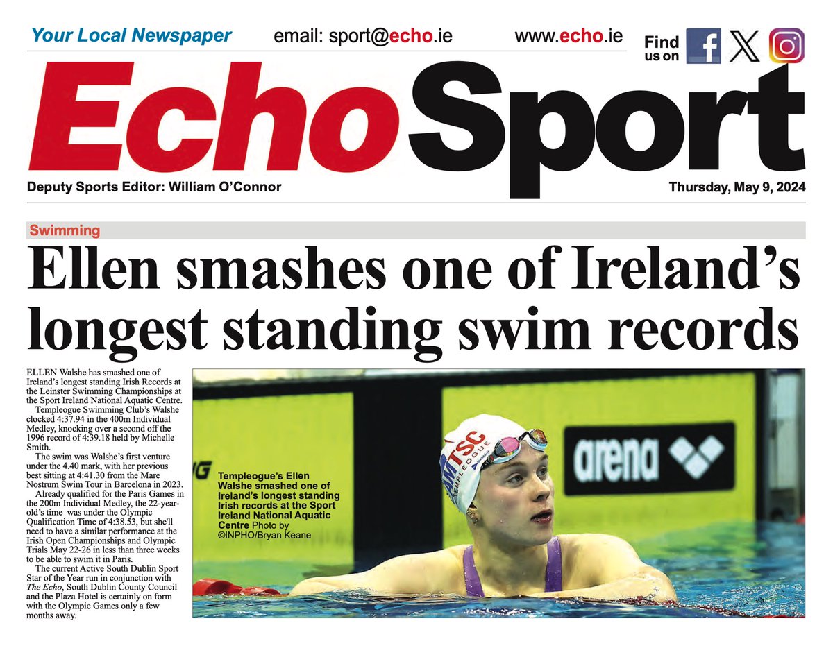 Many thanks to the Team @TheEchoOnline for their continued support of @walsheellen & our TEAM @TEAMTSCSWIM #LocalAthletes #LocalSports #swimming #welldone