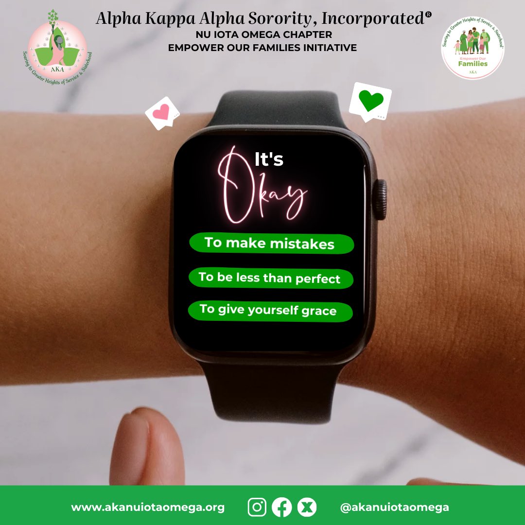 Here’s a midweek reminder to give yourself some grace! It’s okay to give yourself permission to rest, to seek support and to prioritize your mental well-being.

Remember: self-care is not selfish.🩷💚

 #AKAEmpowerOurFamilies #SoaringWithAKA #AKA1908 #NuIotaOmega