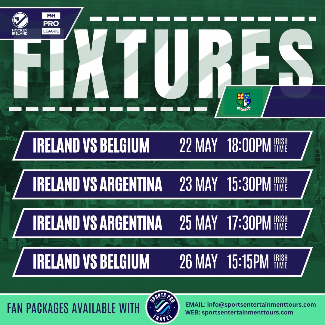 𝙁𝙄𝙃 𝙋𝙧𝙤 𝙇𝙚𝙖𝙜𝙪𝙚 𝙁𝙞𝙭𝙩𝙪𝙧𝙚𝙨 🎟️ Secure your tickets via fihproleague.be/tickets/ ✈️ Sports Pro Travel are on hand to help support your travel plans to all upcoming events. Which game are you most looking forward to? #FIHProLeague #HockeyInvites #GreenMachine