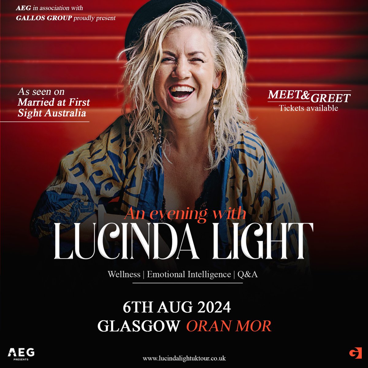 Married at First Sight Australia star Lucinda Light announces a tour of the UK which will include a night at Oran Mor Glasgow on Tuesday 6th August! 𝗙𝗶𝗻𝗱 𝗼𝘂𝘁 𝗺𝗼𝗿𝗲: tinyurl.com/3bmx57wa