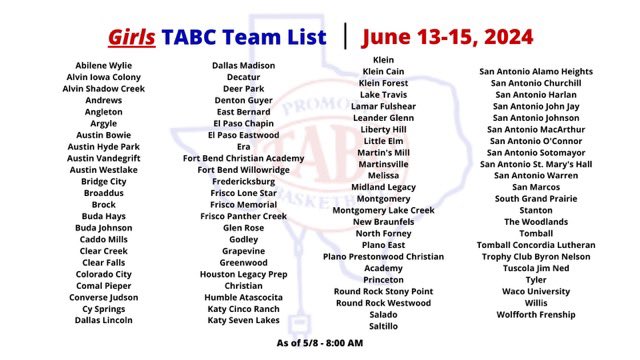 Newest list of Girls Teams for the TABC Showcase!! 🏀 The TABC Showcase 🚀 More signups last week.. 👀 Deadline May 20th. 🔗  Girls Signup - tabchoops.org/tabc-girls-sho… • Girls - June 13-15 - Bryan