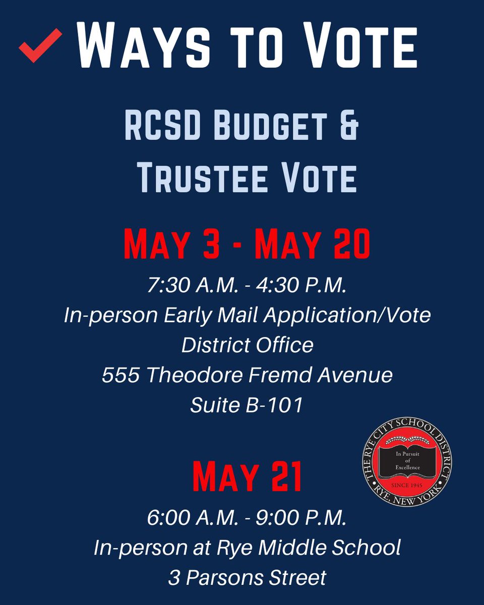 Vote TODAY! Early voting is available for the RCSD budget & trustee vote. Fill out an early voting application & get a ballot to complete & cast right away: 555 Theodore Fremd Ave, Suite B101 (blue mirrored building next to ConEd-spot the 'G' signs in the windows). #RyeCommitment