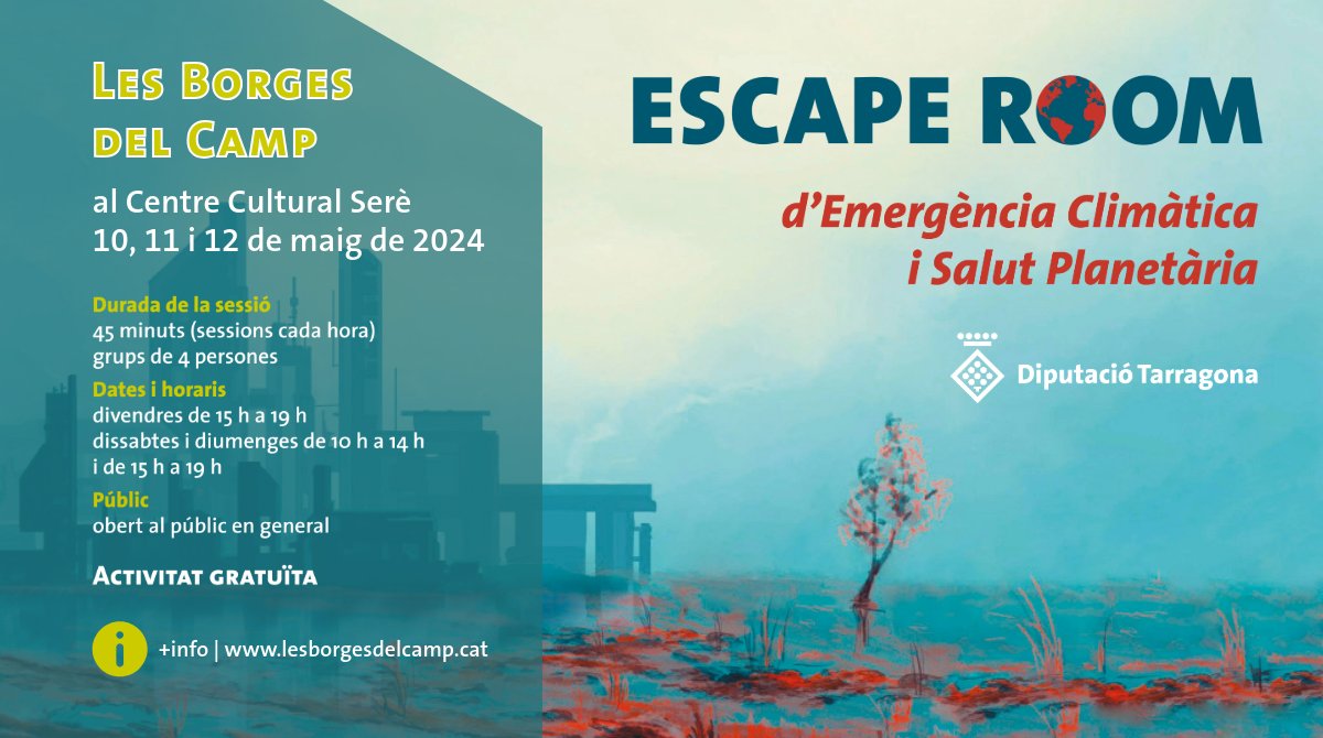 🌍💚 Aquest cap de setmana, l'#EscapeRoom per a l'#EmergènciaClimàtica de @Dipta_cat fa parada a #lesBorgesdelCamp. L’activitat és gratuïta i oberta a tothom ℹ Més informació i com inscriure's: lesborgesdelcamp.cat/index.php/noti… #SostenibilitatDipta @ajborgesdelcamp