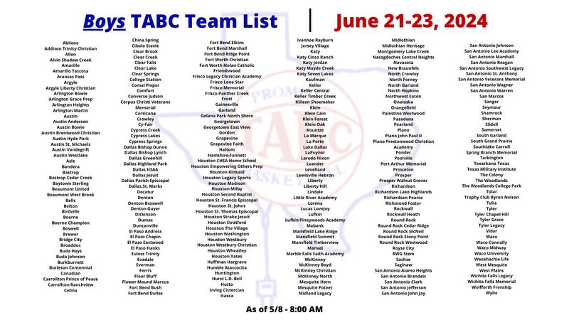 Newest list of Boys Teams for the TABC Showcase!! Register ASAP!! 🏀 The TABC Showcase 🚀 More signups last week.. 👀 Deadline May 20th. 🔗  Boys Signup - tabchoops.org/tabc-boys-show… • Boys - June 21-23 - DFW