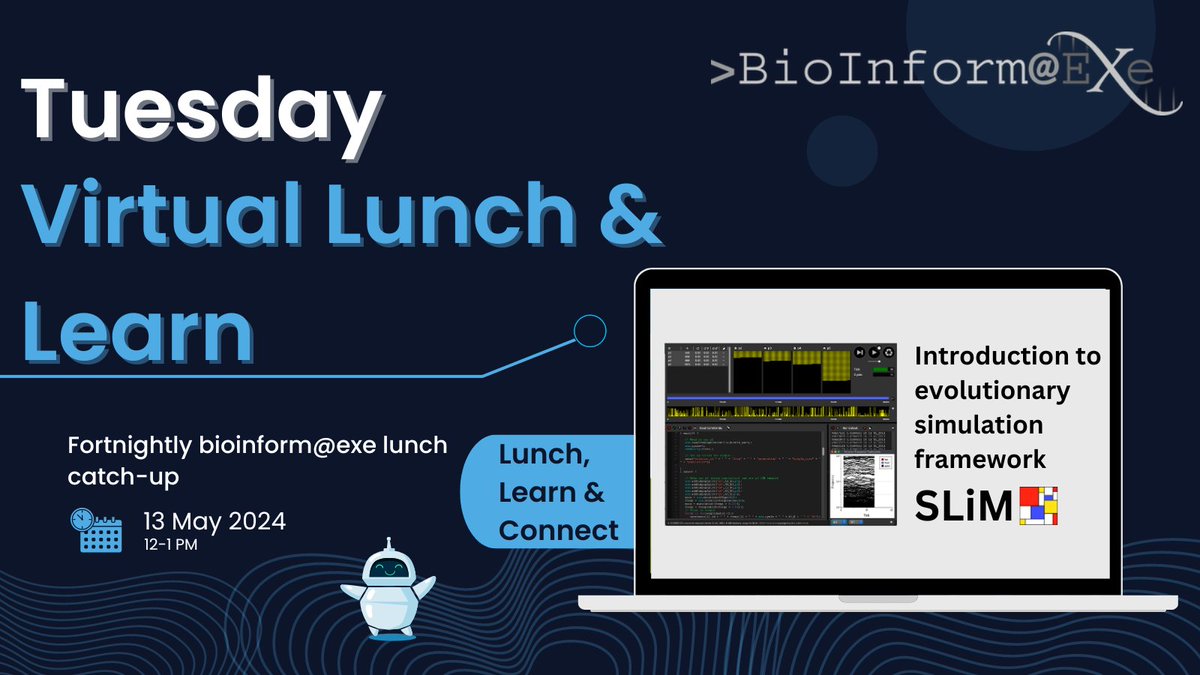 BioinformATExe's tweet image. Join us for #LunchAndLearn w.
@BioinformATExe
Monday (13th) at 12pm, meet other #bioinformagician s , catch up & learn about the using SLiM4 to simulate #evolution presented by Ali Hudson: tinyurl.com/3vwh352e