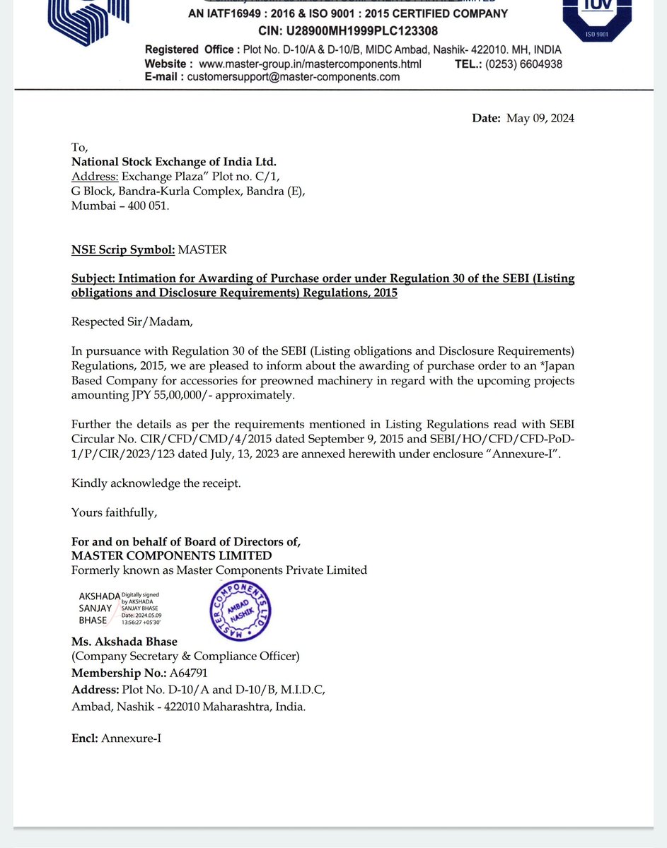 Stockxwatcher's tweet image. the awarding of purchase order to an *Japan 
Based Company for accessories for preowned machinery in regard with the upcoming projects 
amounting JPY 55,00,000/- approximately.

#Mastercomponents  #PriceAction #stocks #stockstowatch #trading     #StockMarketNews  #Marketbuzz…