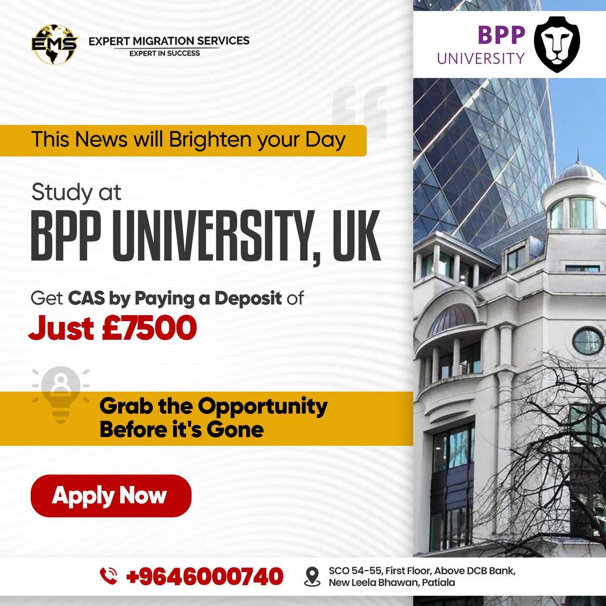 🇬🇧  Study at BPP University, UK! 📚
Start your journey with a £7,500 deposit. Explore programs & secure your CAS.🏫 
Contact us now!⤵

#ExpertMigrationServices #UKImmigration #StudyInUK #StudyVisa #TopUKUniversity
#BPPUniversity #UKEducation