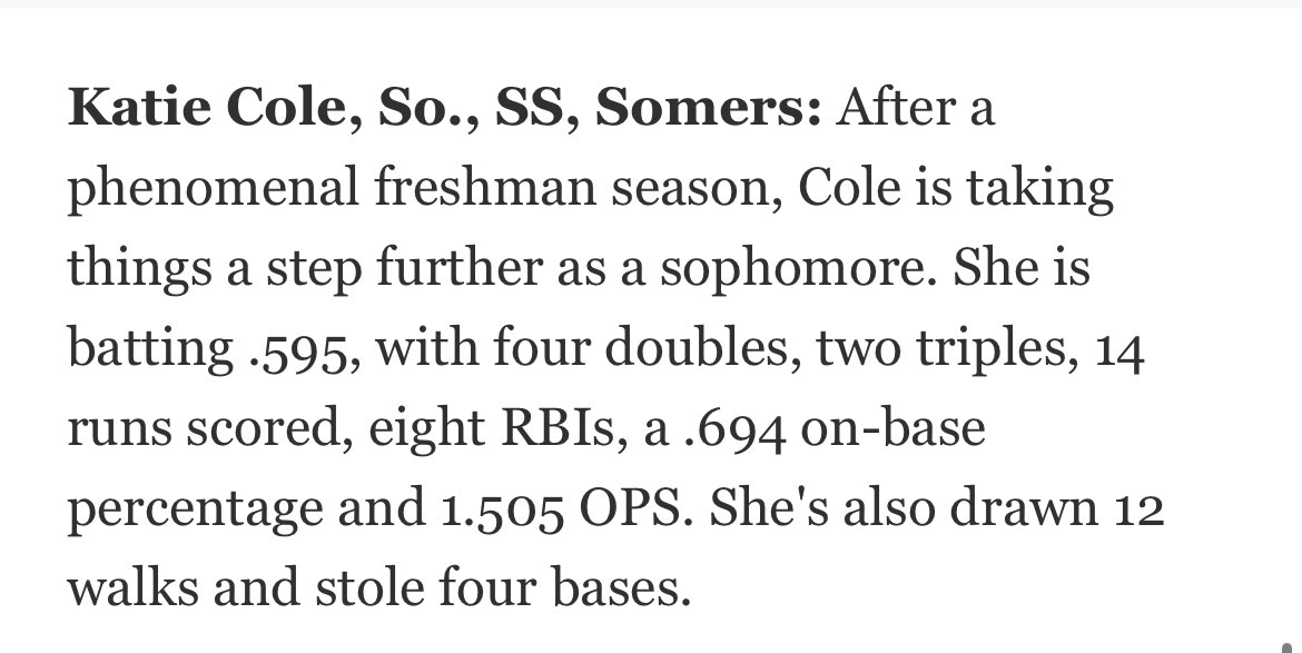 Thank you @lohudsports for the recognition. So proud to be a part of @SomersSoftball2 with such incredible team mates and coaches! @StarsNat16U @starsnationalfp @CompleteGame @TopPreps @ExtraInningSB @CoastRecruits @SBRRetweets @IHartFastpitch