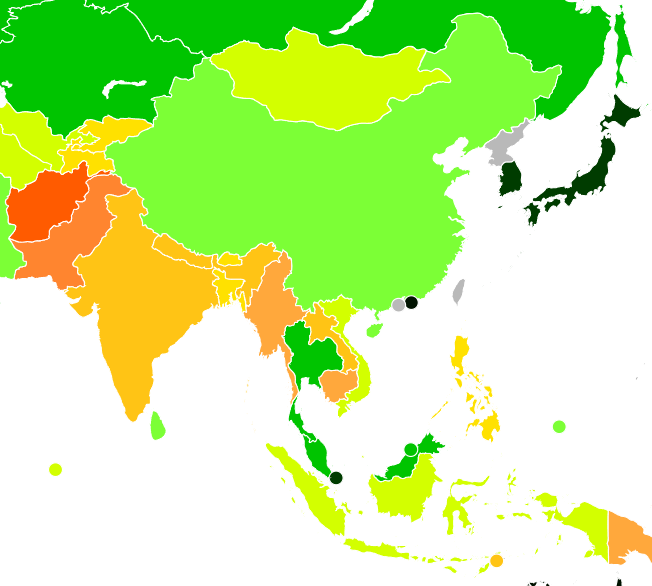 Okay so here's map of Asian racism hierarchy. The darker the green is, the more racist citizen of that country can be on citizen of other countries of 'lower level'. Oh wait that's just HDI index map.