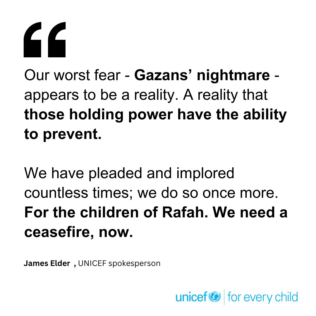 UNICEF continues to call for a ceasefire in #Gaza. “I don’t recall meeting anyone in #Rafah who hadn’t lost a loved one, or their home; mostly both. People are exhausted. They are malnourished. Children are sick.” - UNICEF Spokesperson @1james_elder. Read more:…