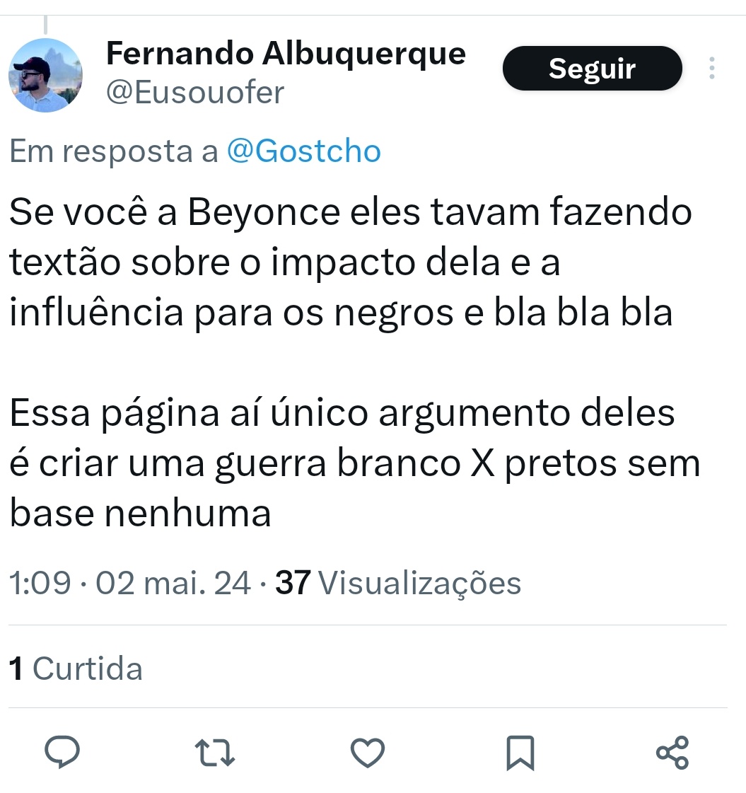 Esse cara de sério incomodo sobre o ativismo da Beyoncé e ativismo negro em geral, pos em sua conta existe tweets como este . Parece que os ensinamentos da Madonna não são seguidos por ele.