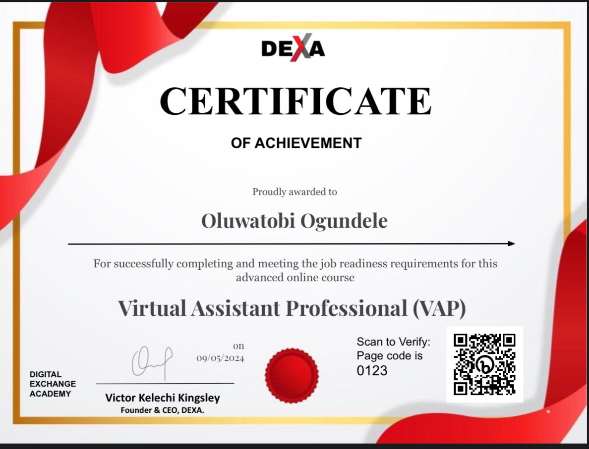 I finally finished the DEXA course
It’s been a great journey and I’m now available for any Virual assistant jobs. Thanks for everyone’s support. @Learnwithdexa @PreyePremier 
It was an honour being part of team 8 😌