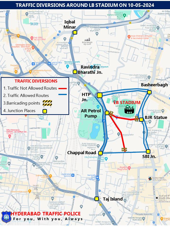 #HYDTPinfo #TrafficAlert Commuters, please make a note of #TrafficAdvisory in connection with the Public meeting by HON’BLE PRIME MINISTER OF INDIA at LB Stadium on 10-05-2024 from 1600 hrs to 2000 hrs. #TrafficRestrictions #Diversions