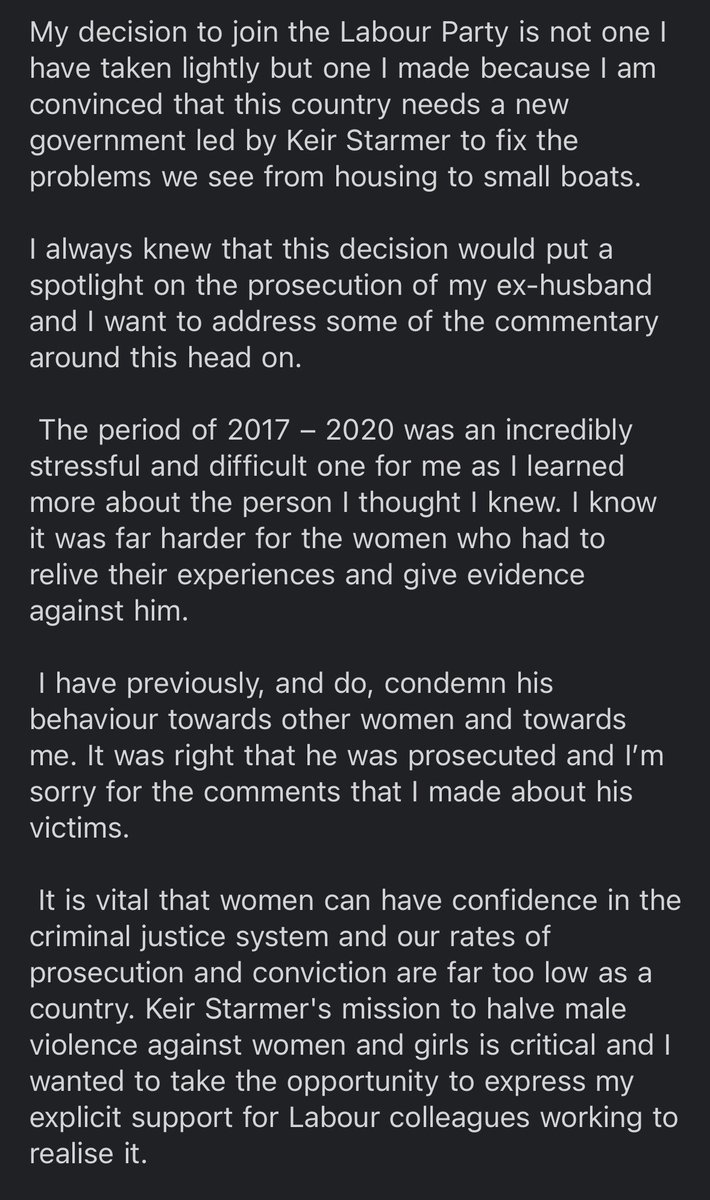 NEW: Natalie Elphicke apologises for her comments about her ex husband’s victims. She says she condemns the sex offender’s behaviour “towards other women and towards me”. “I’m sorry for the comments that I made”. Full statement below.