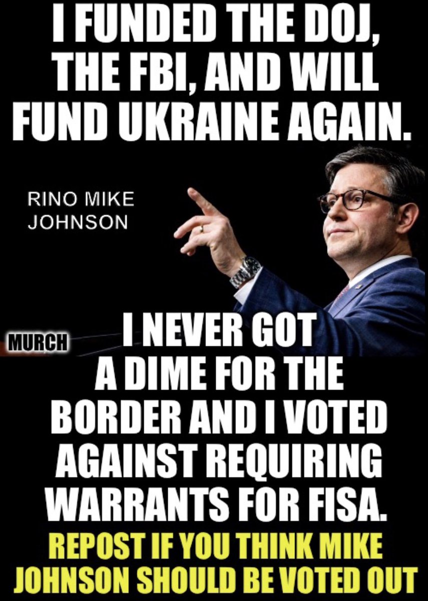 Speaker Mike Johnson is a traitor to his party, to America First conservatives & to his own Christian vakues, as well as the other Rinos backing him. 

He hasn’t done jack for America. 

We have been screwed again by the Uni-party. 

Who thinks he was a plant all along? 🙋‍♂️