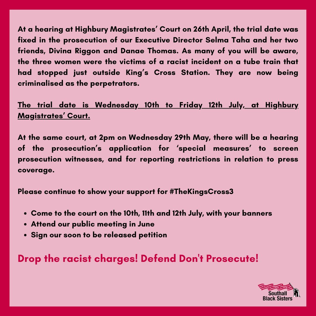 An update on the case against our Executive Director @SELMATAHA8 and her friends #TheKingsCross3 Watch this space for further updates 👇