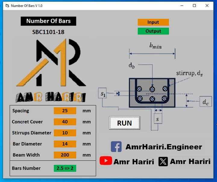 AmrHariri's tweet image. نعود إلكم مع أول برنامج من تصميمي على لغة #visual_basic 😁✌ 
Number Of Bars v1.0 طبقا لـ #كود_البناء #السعودي 
الهدف منه حساب أقصى عدد أسياخ ممكن في الصف الواحد للكمر الخرساني
الفائدةمنه تلافي حدوث التعشيش وحساب العمق الفعال بشكل صحيح
#ريتويت ١٠٠ وسيتم رفع الرابط 
#تصميم
#مهندس