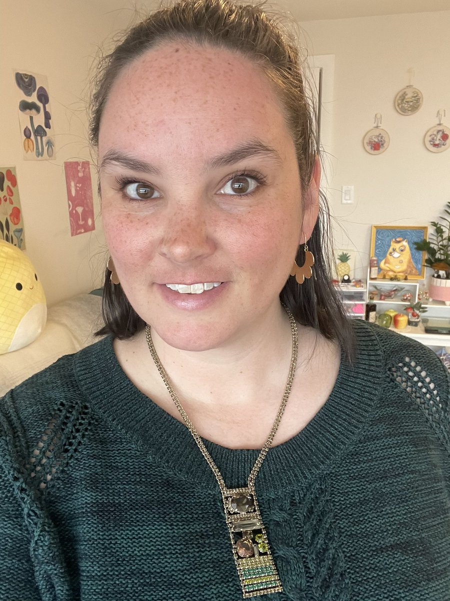Today I have a rather formal meeting that I hope to avoid signing an NDA after (seriously overkill!) but I have toned down the Miss Frizzle for it. I have some “subtle” sparkle to make up for it (and thrifted sweater and pants!)