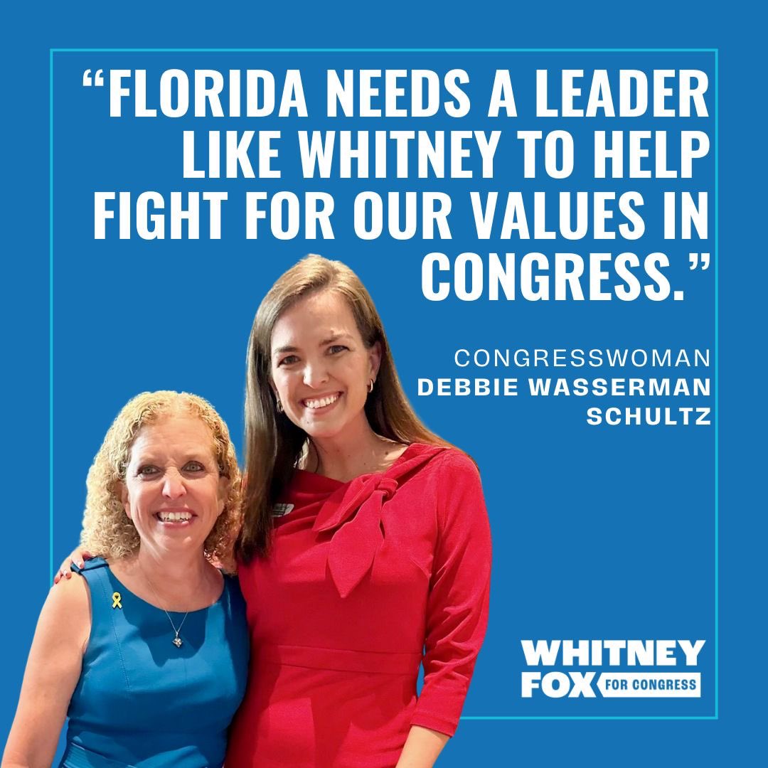 🚨ENDORSEMENT ALERT🚨: Congresswoman Debbie Wasserman Schultz endorses Whitney Fox! 'I am thrilled to endorse Whitney Fox for Congress. Like me, she believes in protecting women's reproductive freedoms, safeguarding the environment, and ensuring that our families, seniors and…