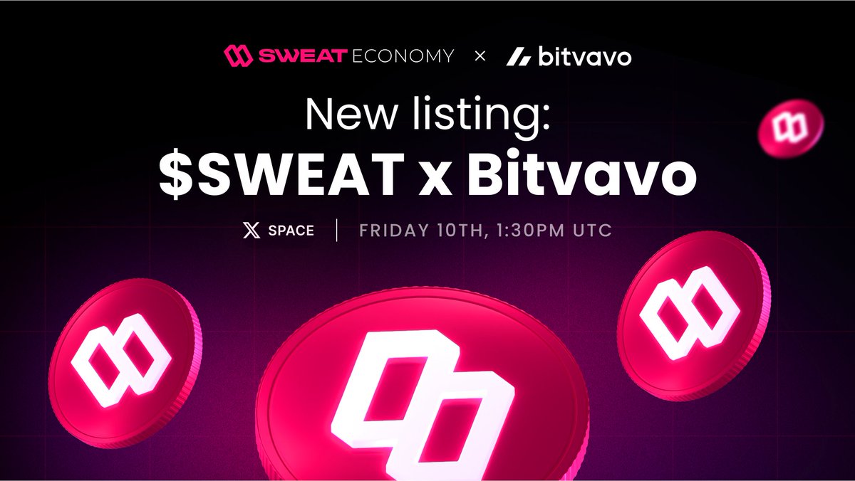 $SWEAT is listed on @bitvavocom 🎉 To celebrate, we're hosting a Twitter Space to answer all your burning questions. 🗓️ Friday, May 10, 2024 ⏰ 1:30PM UTC 🎙️ Hosted by @WGNSpear Set your reminders. x.com/i/spaces/1lpjq…