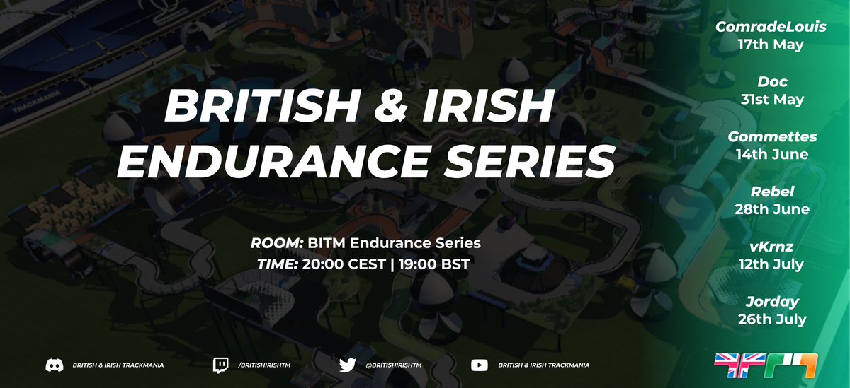 BritishIrishTM's tweet image. 🇬🇧🇮🇪 BITM ENDURANCE SERIES⚫️🟢

▪️ 7 BITM Mappers
▪️ 7 Races: 15 minute WU + 1 hour Race
▪️ Series points per finishing position

Open to everyone, the first race will be this Friday 17th at 20:00 CEST on a map by @ComradeLouis! Join the discord for more info (link in bio). 👏