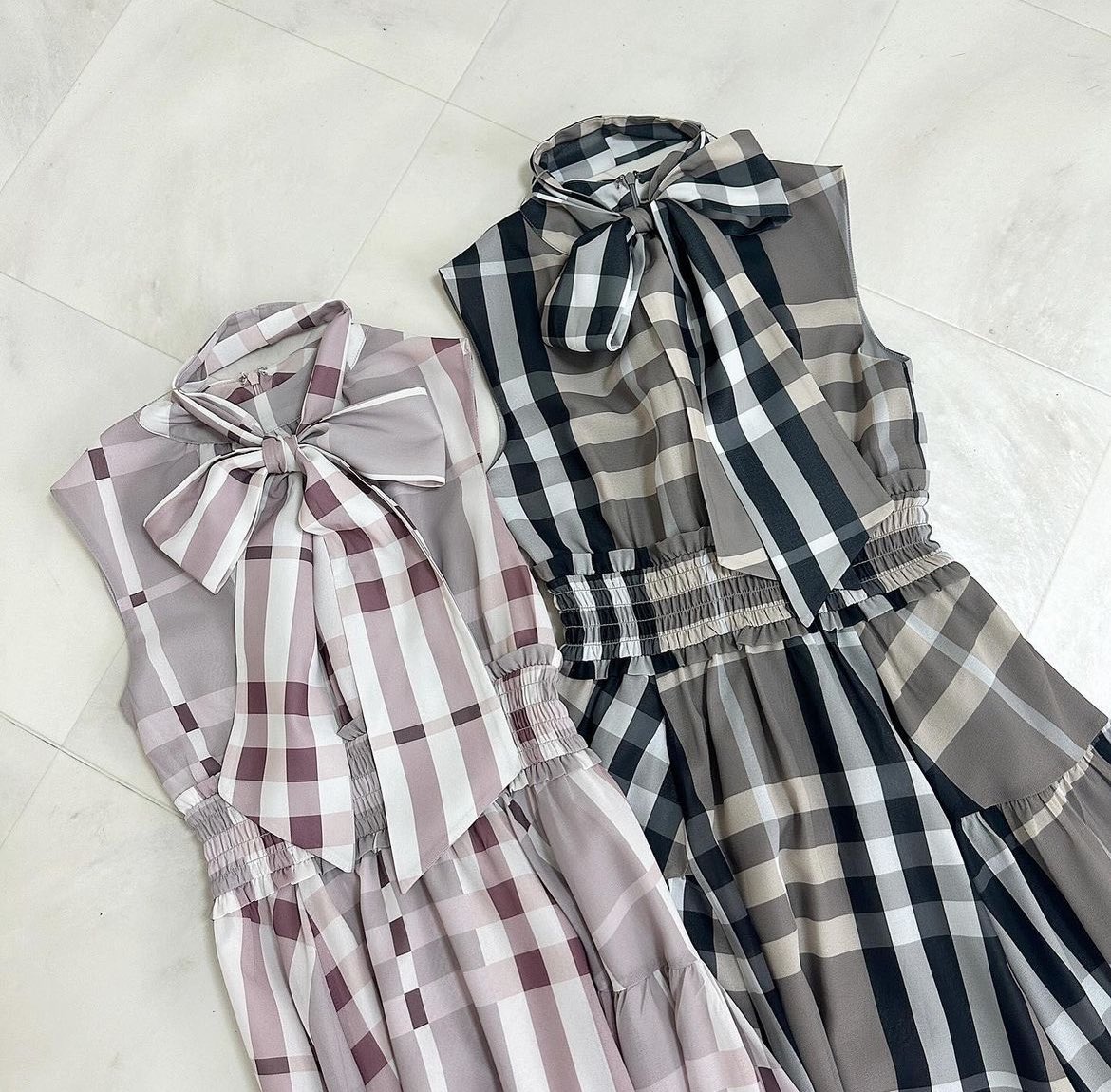 AnMILLE アンミール ビッグチェックリボンOP ワンピース グレー