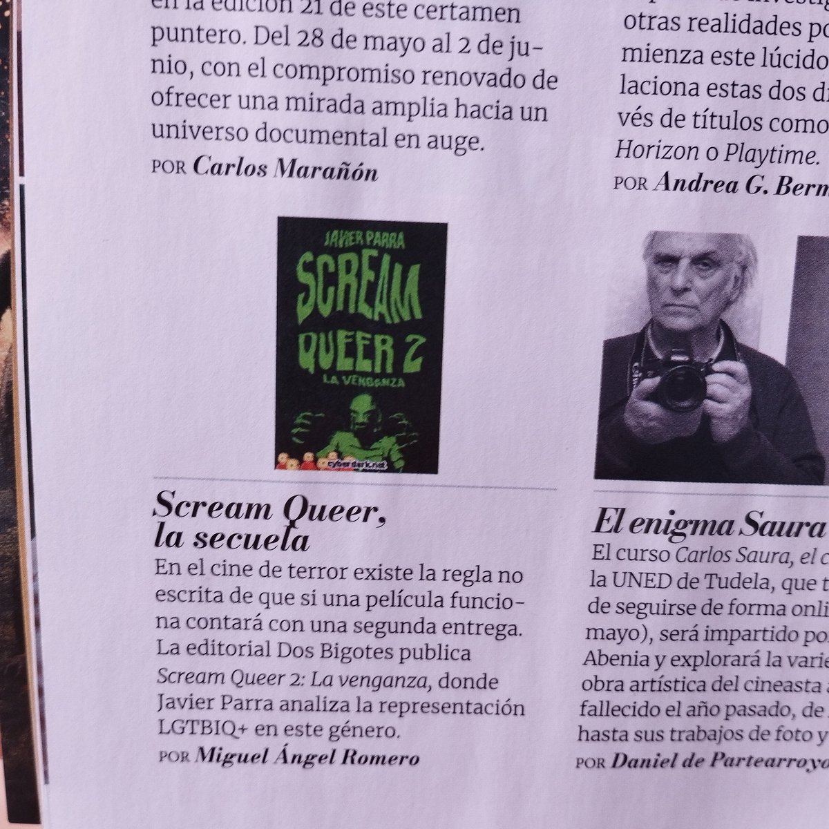 En el número de mayo de @CINEMANIA_ES recomiendo el libro 'Scream Queer 2. La venganza', de la editorial @DosBigotesEdit. Un delicioso viaje por la representación LGTBIQ+ a través del mejor cine de terror. @xavipargon escribe este análisis maravilloso que estoy devorando.