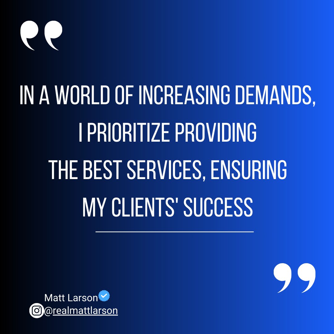 In a world of increasing demands, my priority is clear: providing the best services and ensuring my clients' success.

Quality over quantity, always.

#clientsuccess #qualityservice #priorities #excellence #successfulmindset #realestatelife #realestategoals #realestatematt