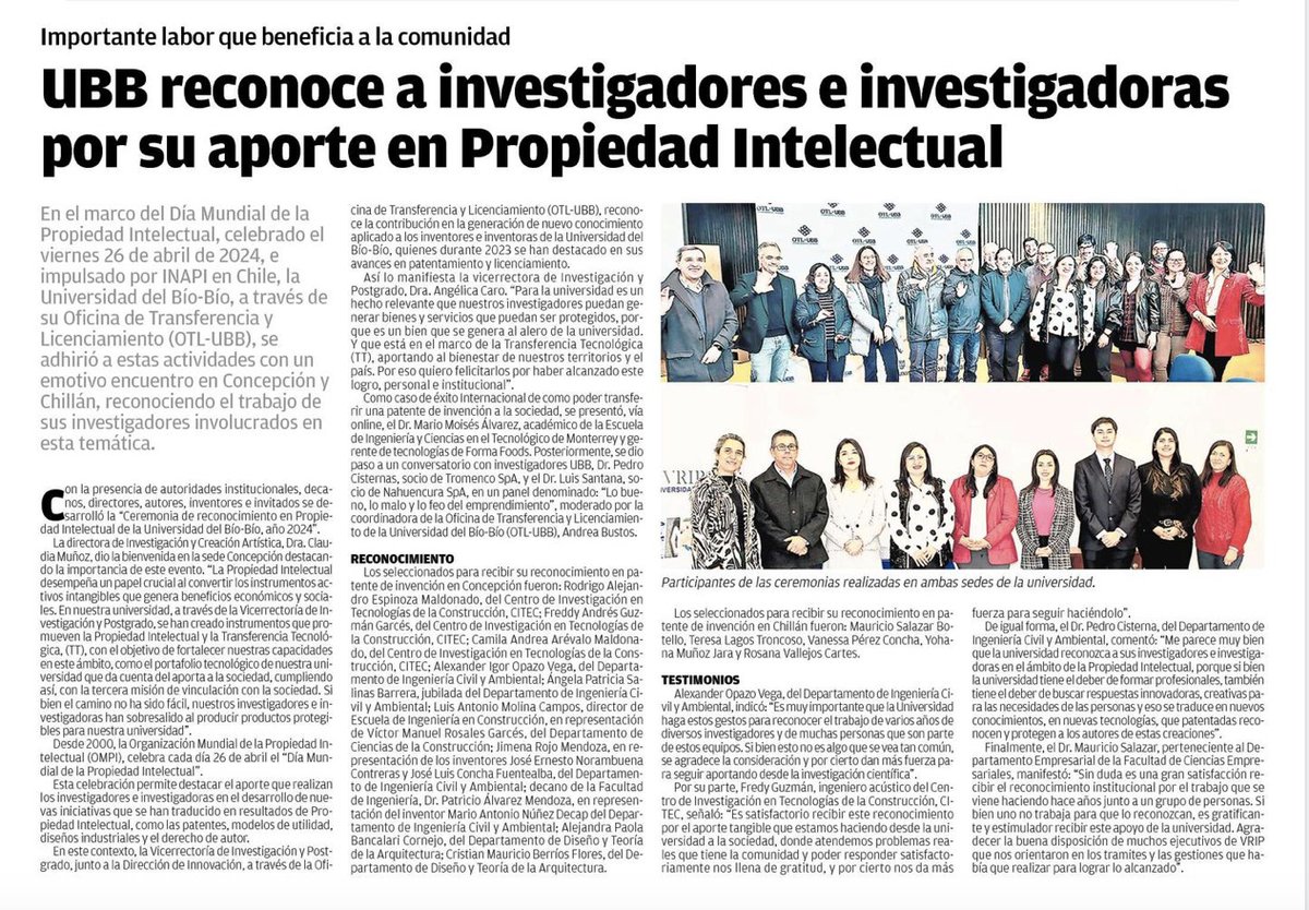 #UBBenPrensa UBB reconoce a investigadores e investigadoras por su aporte en Propiedad Intelectual elsur.cl/impresa/2024/0… vía @elsurcl