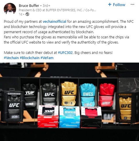 'Proud of my partners @vechainofficial for an amazing accomplishment. The #NFC and #blockchain technology integrated into the new UFC gloves 🥊 will provide a permanent record of usage authenticated by blockchain.' - @brucebuffer 🎙️ #vechain $VET #UFC #UFC302