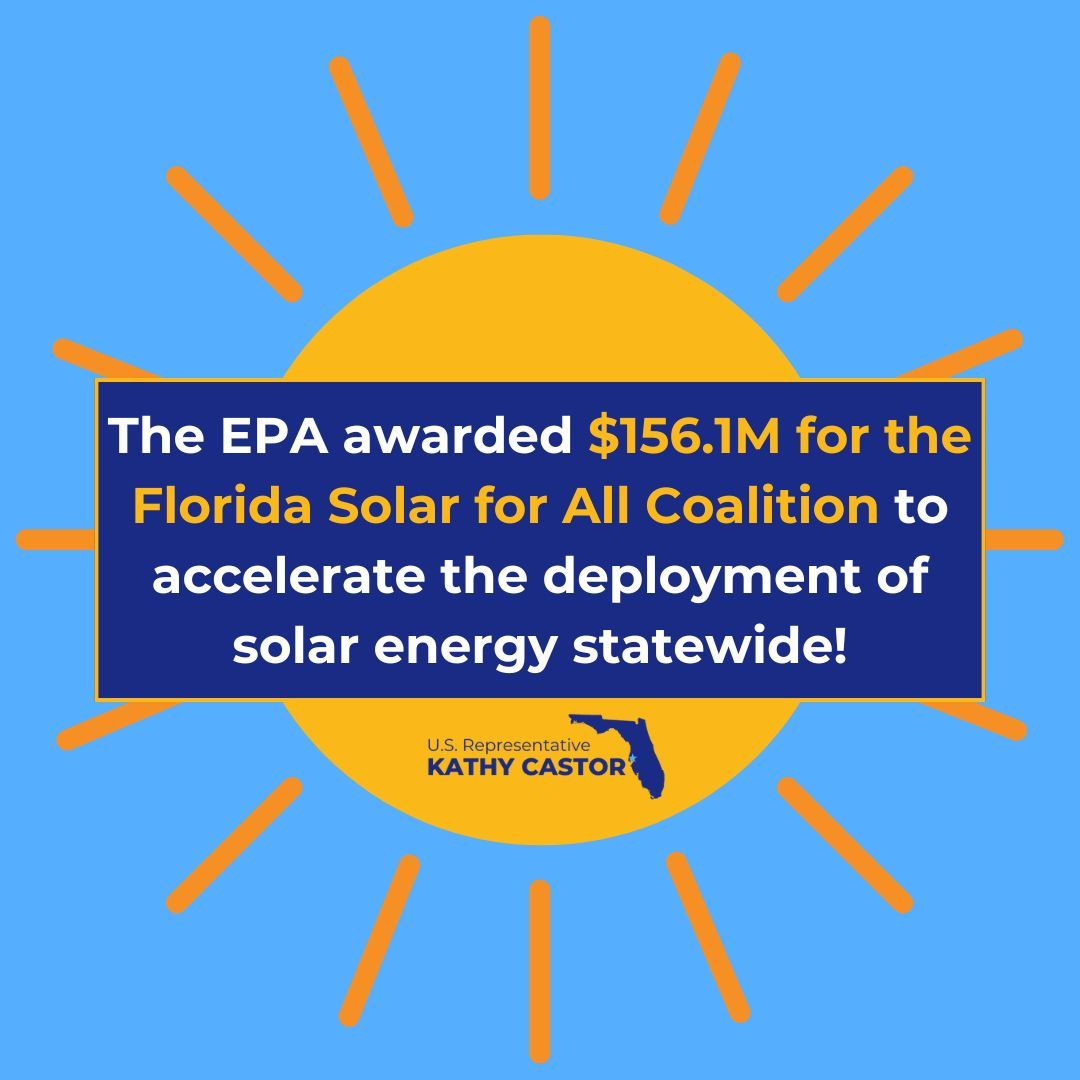 ICYMI: Thanks to the Greenhouse Gas Reduction Fund, the @EPA has awarded $156.1M to Florida to accelerate the deployment of solar energy. These dollars will help Florida families take advantage of: 💸Cost-savings of solar energy 💪Good-paying jobs ☀️Reduced emissions