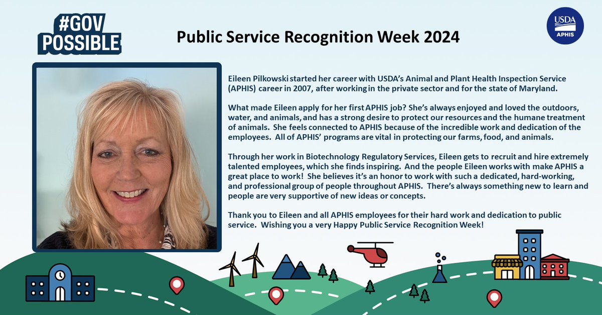 It's Public Service Recognition Week and we're here to honor Eileen Pilkowski - a star Resource Management Specialist with APHIS Biotechnology Regulatory Services. We're so grateful for you, Eileen, and for all of the incredible public servants who make #GovPossible. #PSRW