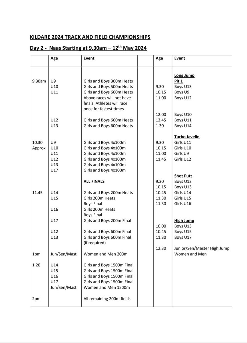 Schedule below for Day 2 of County Championships, hosted by Naas AC 👌🏻