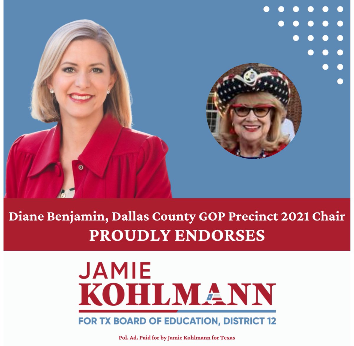 I'm excited to earn the endorsement of Diane Benjamin, a tested conservative champion in Dallas County.

Diane knows that Reclaiming Education is an imperative for the next generation.

Vote Jamie Kohlmann for Texas State Board of Education on May 28th in the GOP Run off!