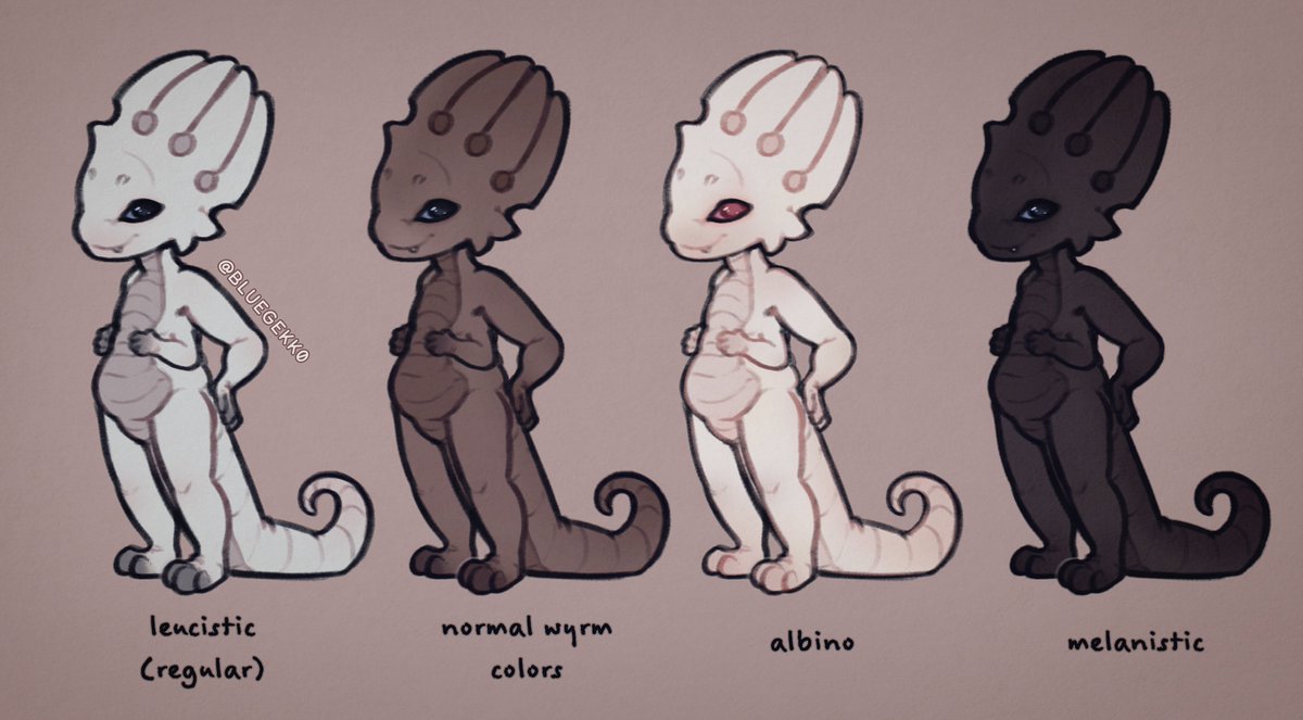 Another thing I did yesterday. Since Vyrm is leucistic, I thought it would be fun to see what he'd look like with non-leucistic wyrm colors, and then I decided to throw in albino and melanistic versions as well.