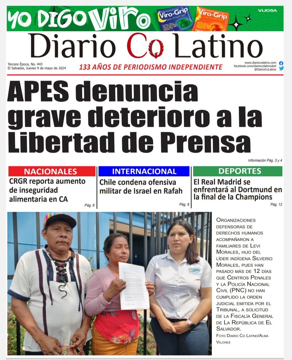 #DiarioCoLatino | APES denuncia grave deterioro a la Libertad de Prensa

¡Buenos días!, compartimos nuestra portada de hoy, 9 de mayo de 2024. 

Visita nuestra versión epaper o nuestra página web: diariocolatino.com