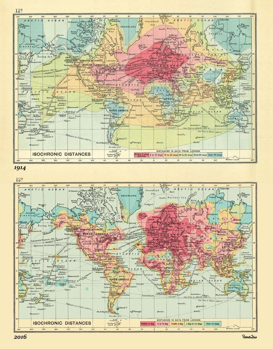 Beautiful isochronic world #map compares travel time from London 1914 vs 2016. An internet cartography classic by @rome2rio at this stage.