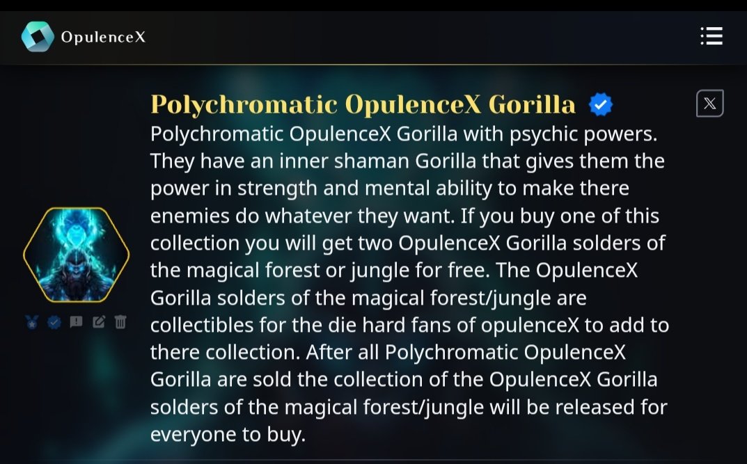 Check out Polychromatic OpulenceX Gorilla. 🦍 A gorilla that has a physic power. Get one of these #NFT and get 2 OpulenceX Gorilla Solders of Jungle for free. 🤩

nftmarketplace.opulencex.io/collection/659…

#OPXMarketplace #NFTMarketplace #NFTCollection #XRPL