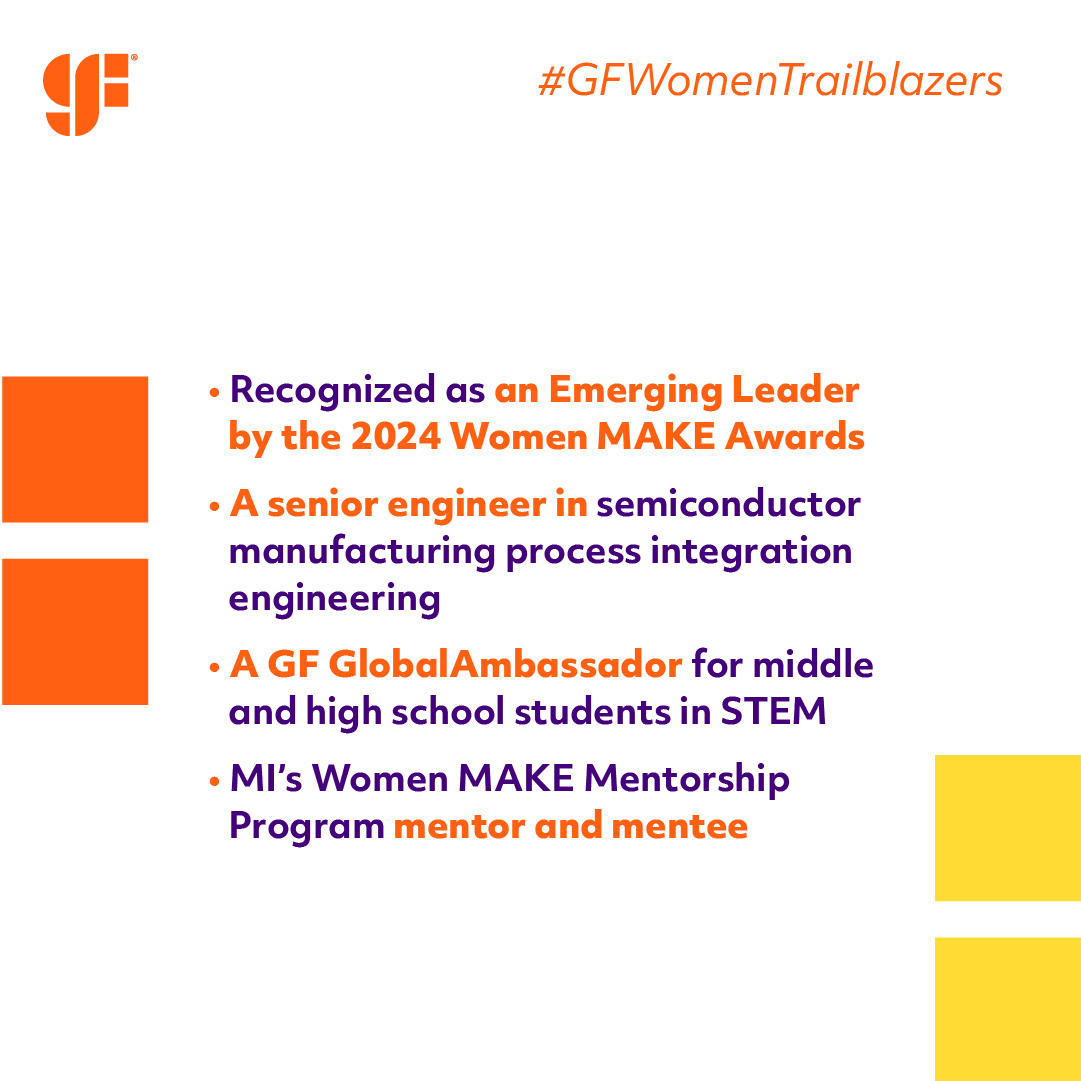 Recognized as an Emerging Leader by the 2024 Women MAKE Awards, our next #GFWomenTrailblazers is Katelyn Harrison. Since joining GF, she has shown exceptional leadership, leading complex projects with cross-functional teams. #GFWomenTrailblazers #GFTechTrailblazers #WomeninTech