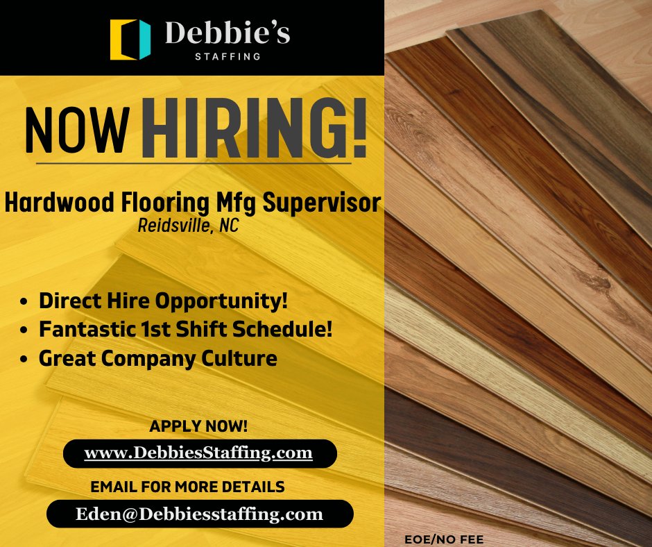 Take the next step in your career as a Hardwood Flooring Manufacturing Supervisor! This 1st Shift opportunity is Direct Hire, full-time, and has a great starting salary range. See the full job description at ow.ly/XZTC50RzMUq and Apply Now! 

#TeamDebbies #ReidsvilleNC