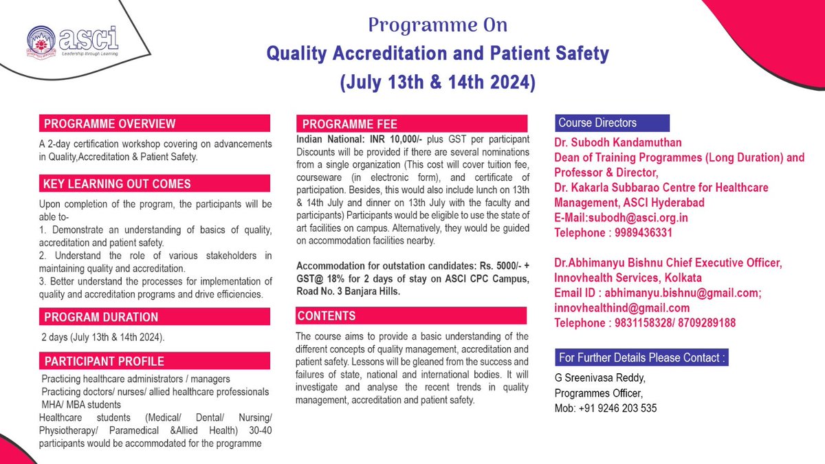 Unlock the keys to excellence in healthcare with the Administrative Staff College of India's exclusive program on Quality Accreditation and Patient Safety! Join us for an immersive journey into the principles and practices that drive top-tier healthcare delivery.