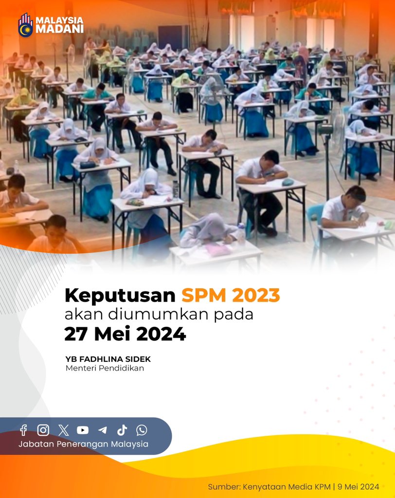 Kementerian Pendidikan Malaysia (KPM) dalam satu kenyataan hari ini memaklumkan calon boleh mendapatkan keputusan peperiksaan Sijil Pelajaran Malaysia (SPM) dari sekolah masing-masing bermula pukul 10 pagi. #MalaysiaMADANI #JabatanPenerangan