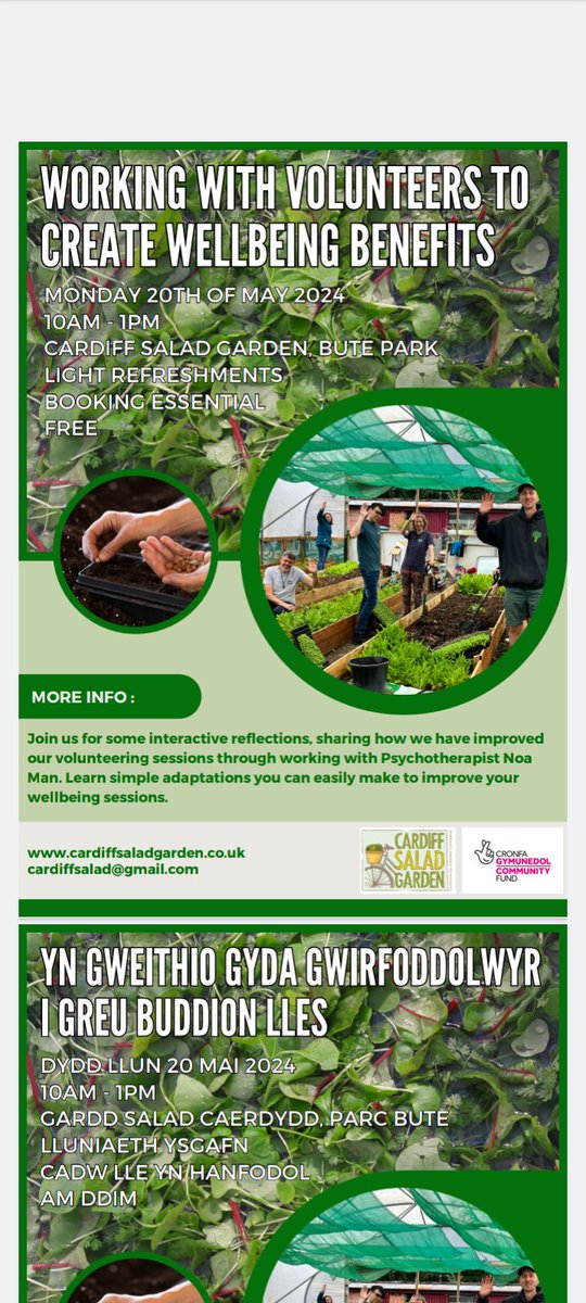 Do you work with volunteers, do you want to help increase wellbeing benefits of people who participate in your organisation.... Cardiff salad garden are hosting a free workshop 20th May 10-1pm sharing ways we have developed this
Places limited, please book cardiffsalad@gmail.com