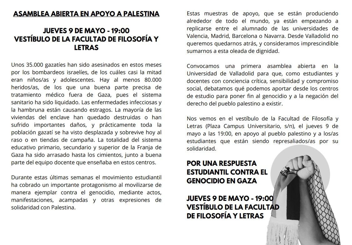 Esta tarde todxs tenemos que estar en la asamblea abierta en apoyo a Palestina que se celebra en la Facultad de Filosofía y Letras de la UVA. A las 19h en el vestíbulo #StopTheGenocide #GenocidioEnGaza