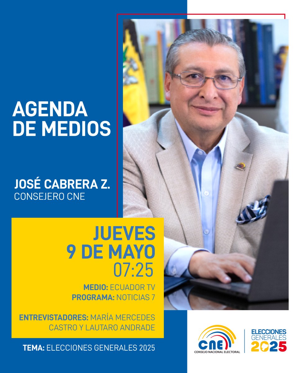 AHORA 🟨🟦🟥 Inicia diálogo del consejero, @jr_cabreraz, a través de la señal de 📡 @EcuadorTV. En este espacio informará a la ciudadanía sobre temas de coyuntura electoral y el calendario #Elecciones2025Ec. 🗳️ ¡Acompáñanos! 📻 ecuadortv.ec