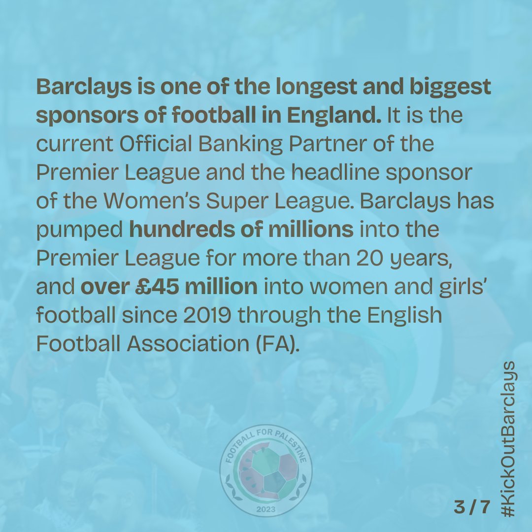 ENGLISH FOOTBALL: KICK OUT BARCLAYS URGENT: We're calling on football fans, players, activists, the general public and all people of conscience to pressure English football to #KickOutBarclays and drop Britain's 'bank of football' as a sponsor until it divests from genocide👇1/2