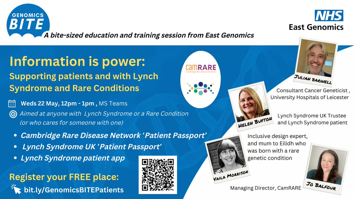 Do you have Lynch Syndrome or a Rare Condition? Join us on 22 May to find out about: ✅@camraredisease patient passport ✅@LynchSyndromeUK patient passport ✅@Leic_hospital developed LS patient app Register your FREE place: events.eahsn.org/GenomicsBITEIn…