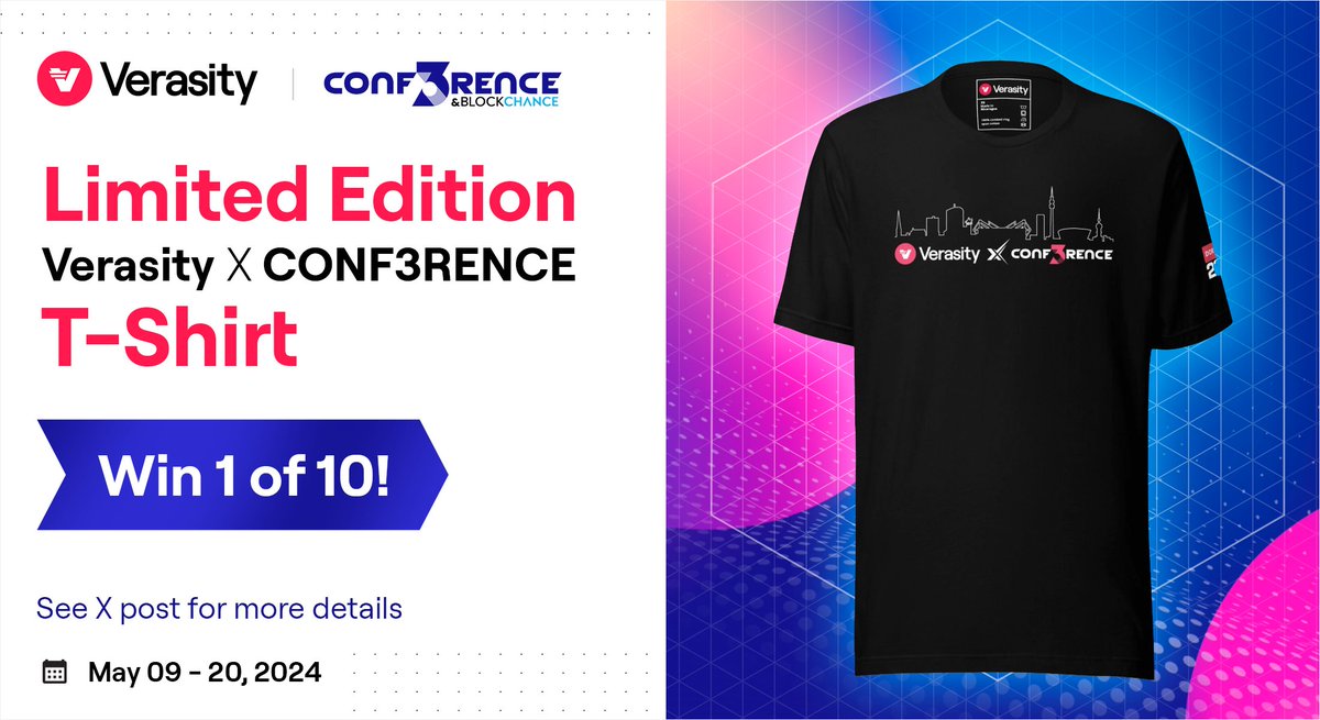 Verasity (2025 ⏩) (@verasitytech) on Twitter photo Limited edition Verasity X CONF3RENCE t-shirts have arrived... but they're not for sale! 🚨 👕
Instead, we're giving away 10 of these exclusive co-branded tees. Here’s how to enter:
1⃣ Follow <a href="/verasitytech/">Verasity (2025 ⏩)</a>
2⃣ Follow <a href="/conf3rence/">CONF3RENCE</a>
3⃣ Tag 3 frens below
4⃣ Quote tweet this post Limited edition Verasity X CONF3RENCE t-shirts have arrived... but they're not for sale! 🚨 👕
Instead, we're giving away 10 of these exclusive co-branded tees. Here’s how to enter:
1⃣ Follow <a href="/verasitytech/">Verasity (2025 ⏩)</a>
2⃣ Follow <a href="/conf3rence/">CONF3RENCE</a>
3⃣ Tag 3 frens below
4⃣ Quote tweet this post