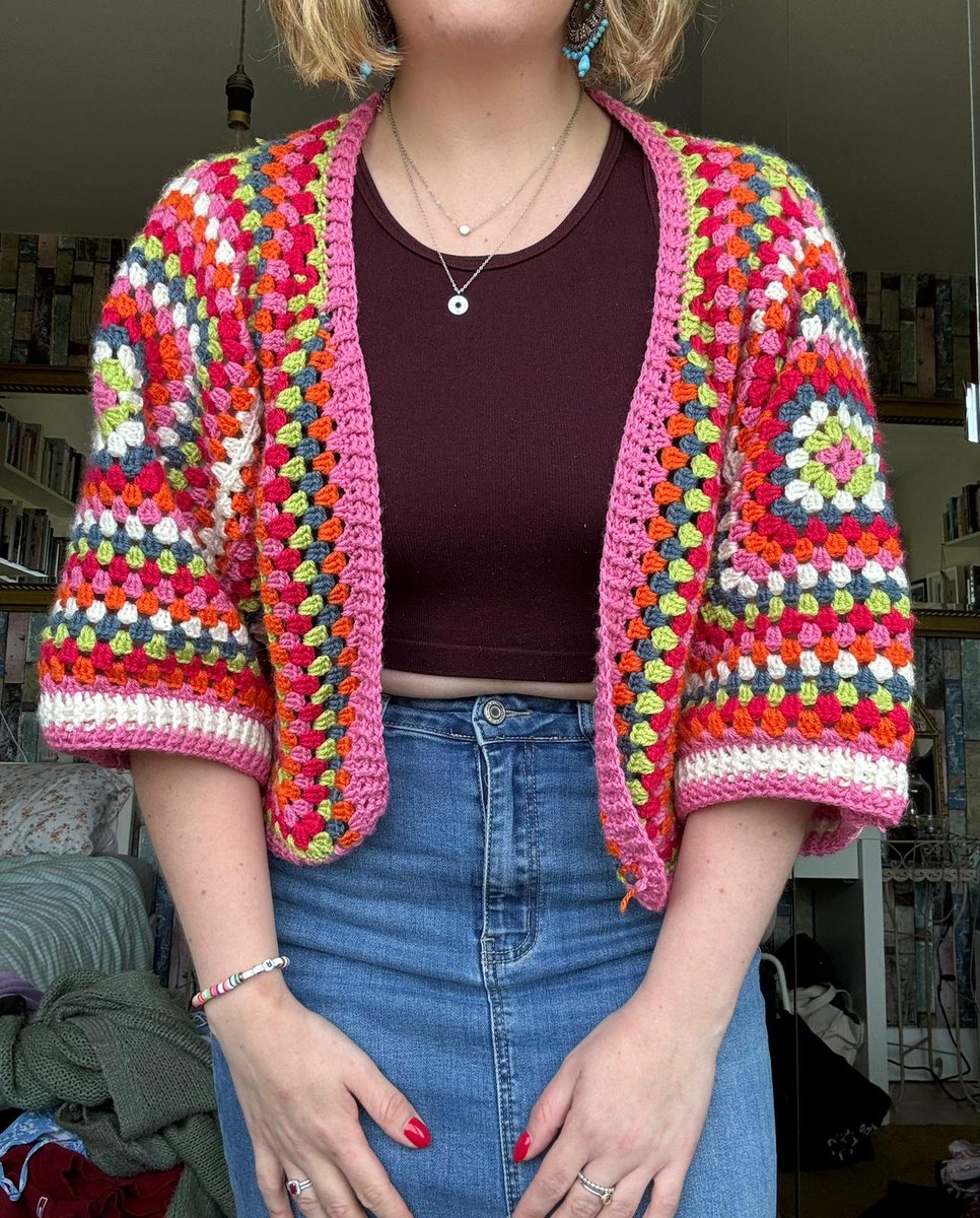Fantastic colours used by Alice, one of my students in <a href="/PSNeasain/">Pobalscoil Neasáin</a>, to make this fantastic #oneofakind #crochet #grannysquare cardigan. 
Alice is heading off to travel the 🌎 I'm sure this #crochetcardigan will have many tales to tell on her return! #XCrochet